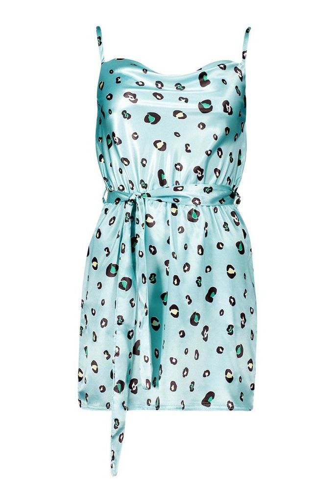 Womens Petite Leopard Print Satin Cowl Neck Mini Dress - blue - 12, Blue