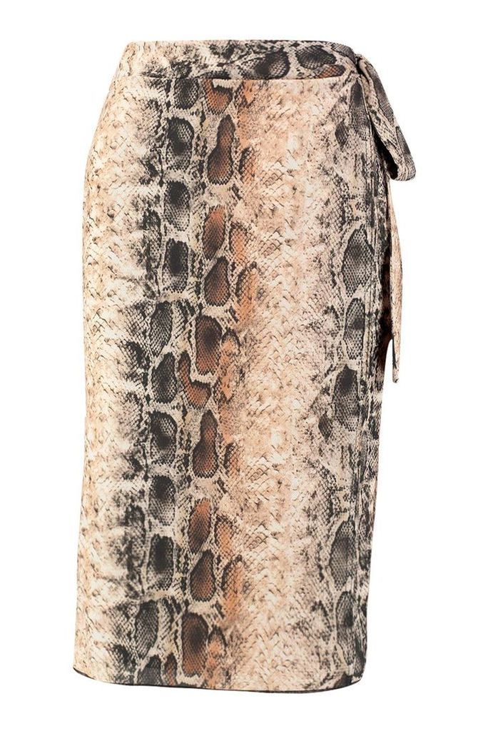Womens Petite Snake Print Woven Wrap Midi Skirt - beige - 6, Beige