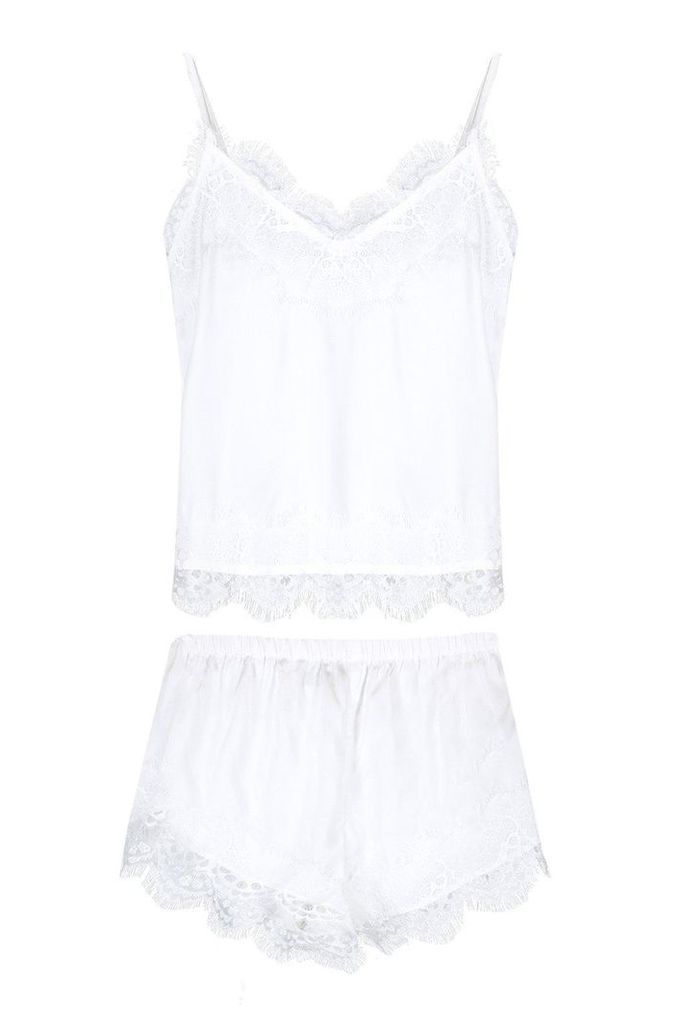 Womens Bridal Eyelash Lace Trim Cami & Short Set - white - 16, White