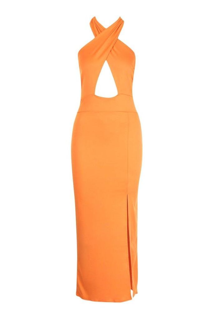 Womens Petite Twist Halter Neck Split Maxi Dress - orange - 14, Orange
