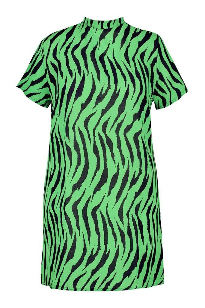 Womens Plus Zebra High Neck Woven Shift Dress - green - 16, Green