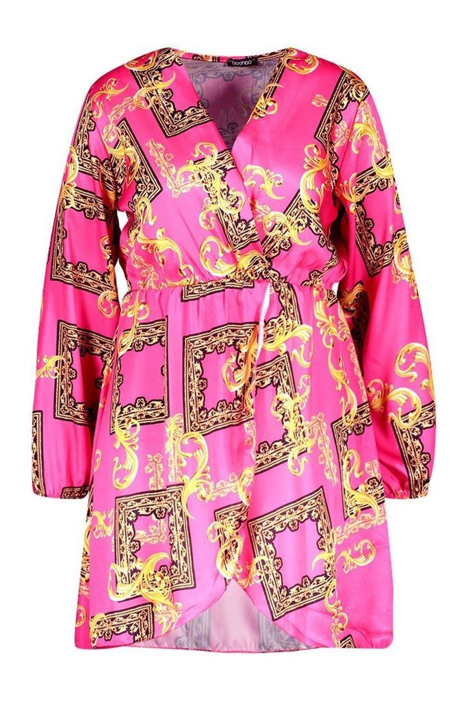 Womens Plus Satin Chain Print Wrap Midi Dress - Pink - 20, Pink