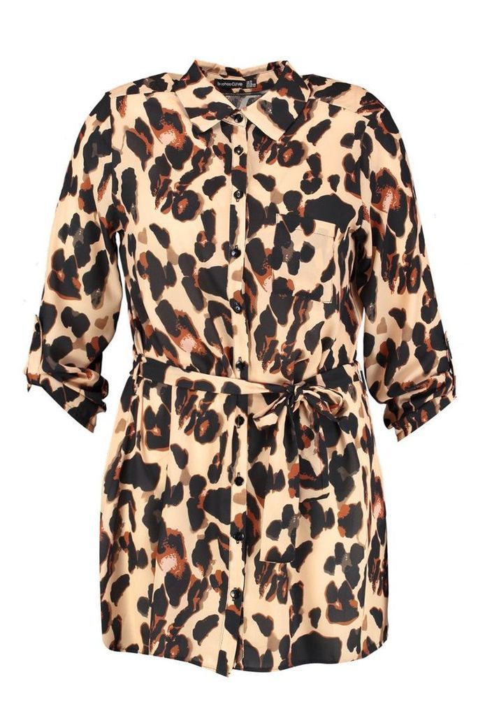 Womens Plus Leopard Woven Shirt Dress - multi - 28, Multi