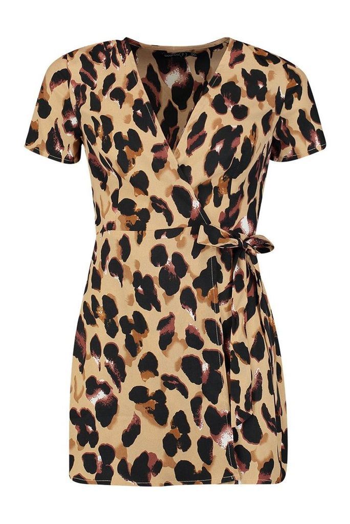 Womens Petite Leopard Print Woven Wrap Dress - beige - 8, Beige