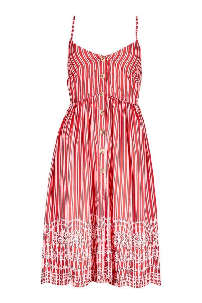 Womens Petite Stripe Embroidered Hem Midi Dress - 8, Red