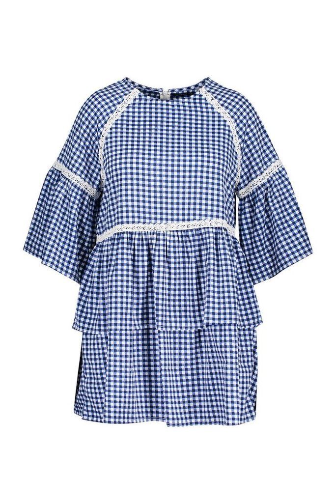 Womens Plus Gingham Print Embroidered Smock Dress - blue - 16, Blue