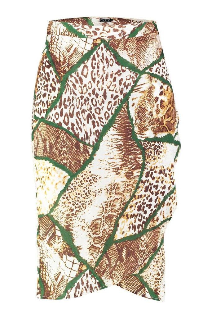 Womens Plus Woven Mixed Animal Print Wrap Midi Skirt - brown - 24, Brown