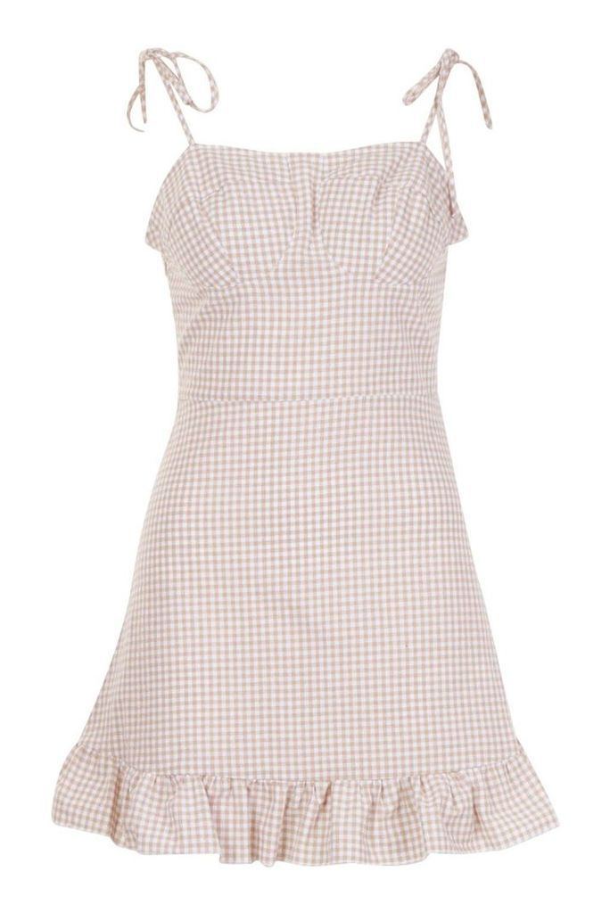 Womens Petite Gingham Tie Strap Frill Hem Dress - beige - 12, Beige