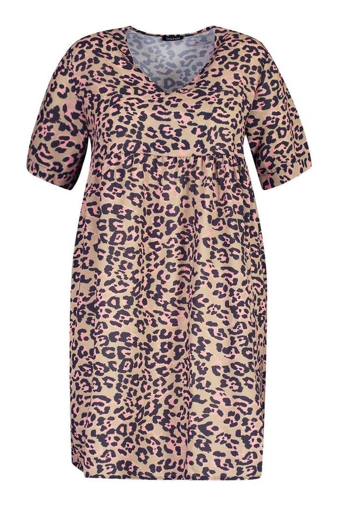Womens Plus Leopard Smock Dress - brown - 16, Brown