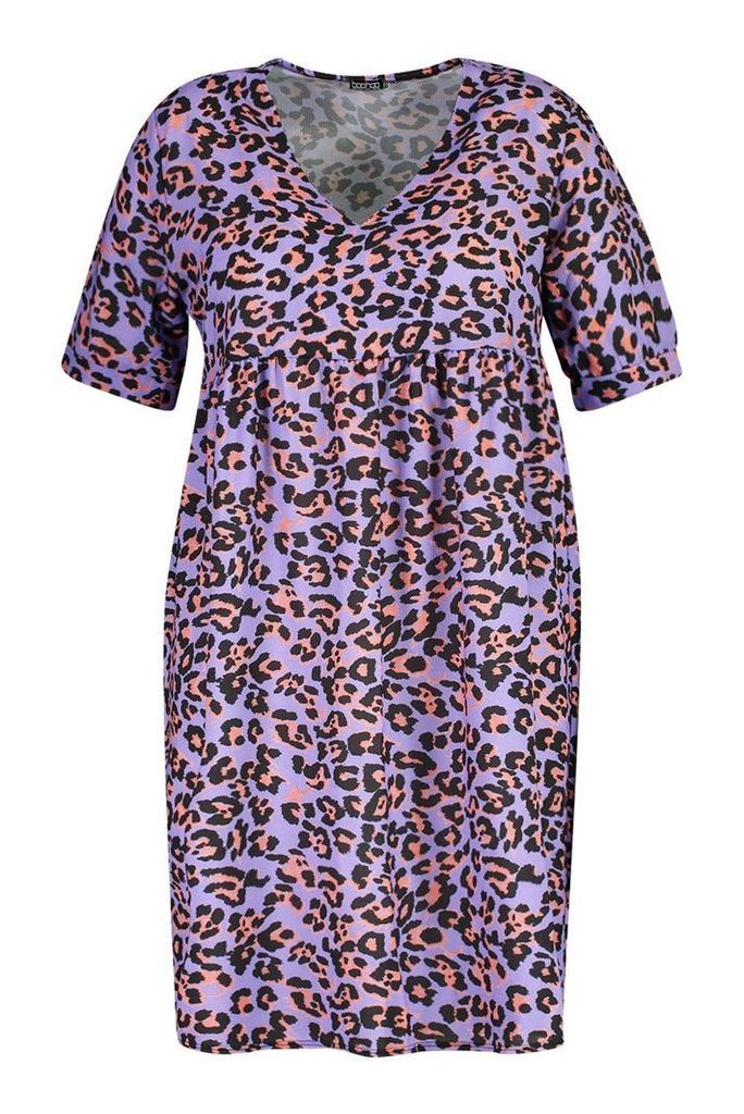 Womens Plus Leopard Smock Dress - purple - 18, Purple