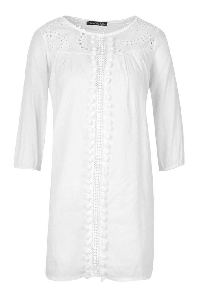 Womens Petite Pom Pom Smock Dress - white - 14, White