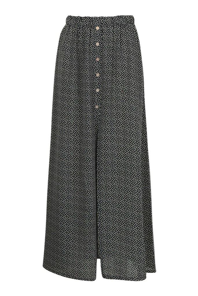 Womens Petite Button Front Spot Maxi Skirt - black - 6, Black