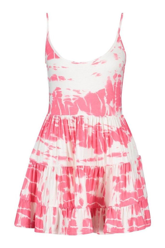 Womens Petite Strappy Tie Dye Smock Dress - Pink - 6, Pink