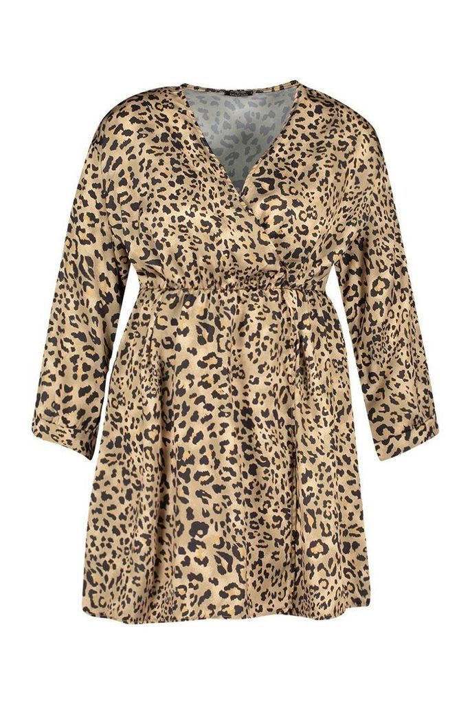 Womens Plus Satin Leopard Print Wrap Dress - brown - 18, Brown