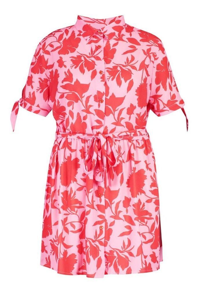 Womens Plus Floral Woven Tie Waist Shirt Dress - Pink - 24, Pink