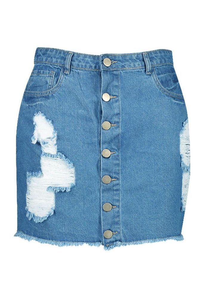 Womens Plus Distressed Button Detail Denim Skirt - mid wash - 20, Mid Wash