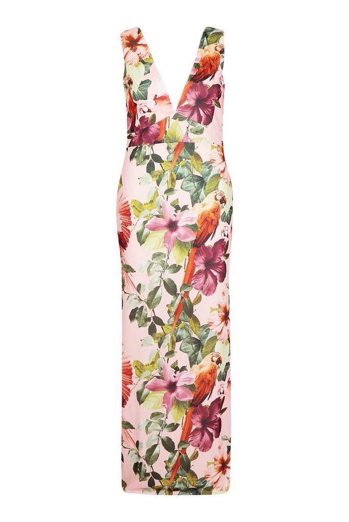 Womens Plus Jungle Plunge Front Maxi Dress - Pink - 26, Pink