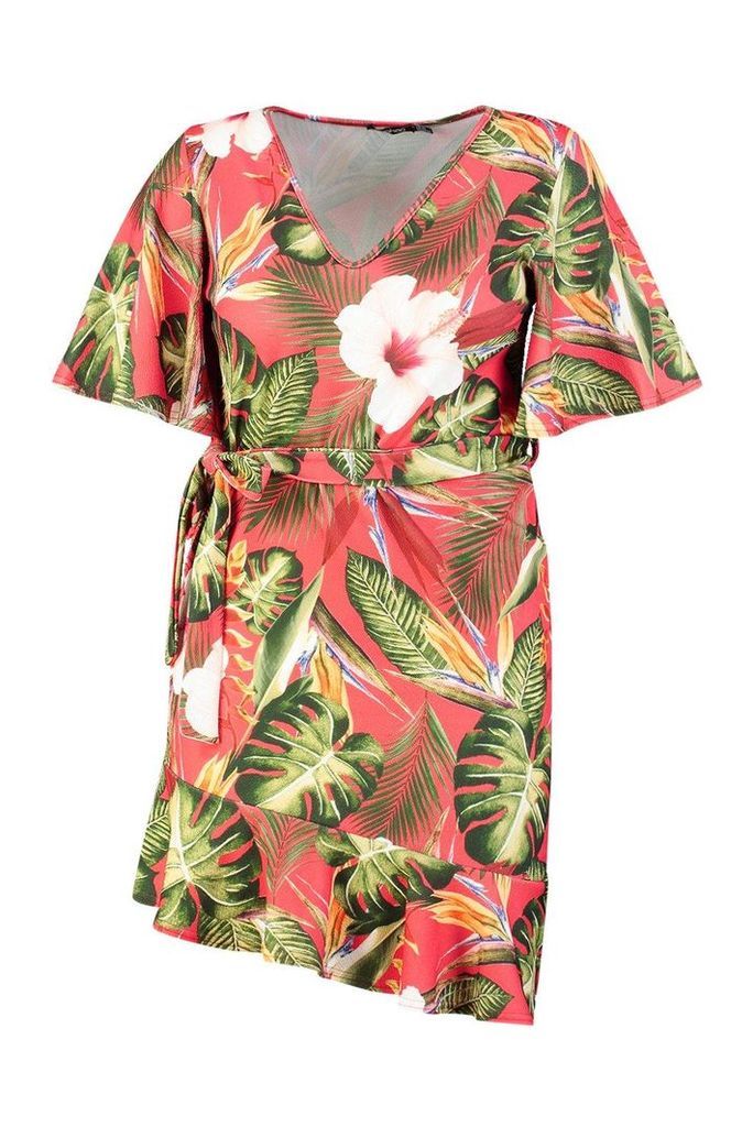 Womens Plus Tropical V Neck Ruffle Smock Dress - red - 26, Red