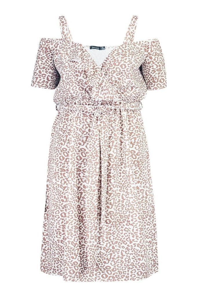 Womens Plus Belted Ruffle Leopard Print Midi Dress - Brown - 20, Brown