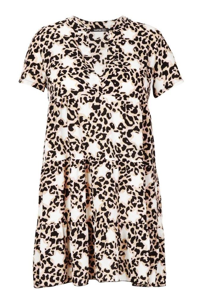 Womens Plus Star Leopard Short Sleeve Tiered Smock Dress - beige - 20, Beige