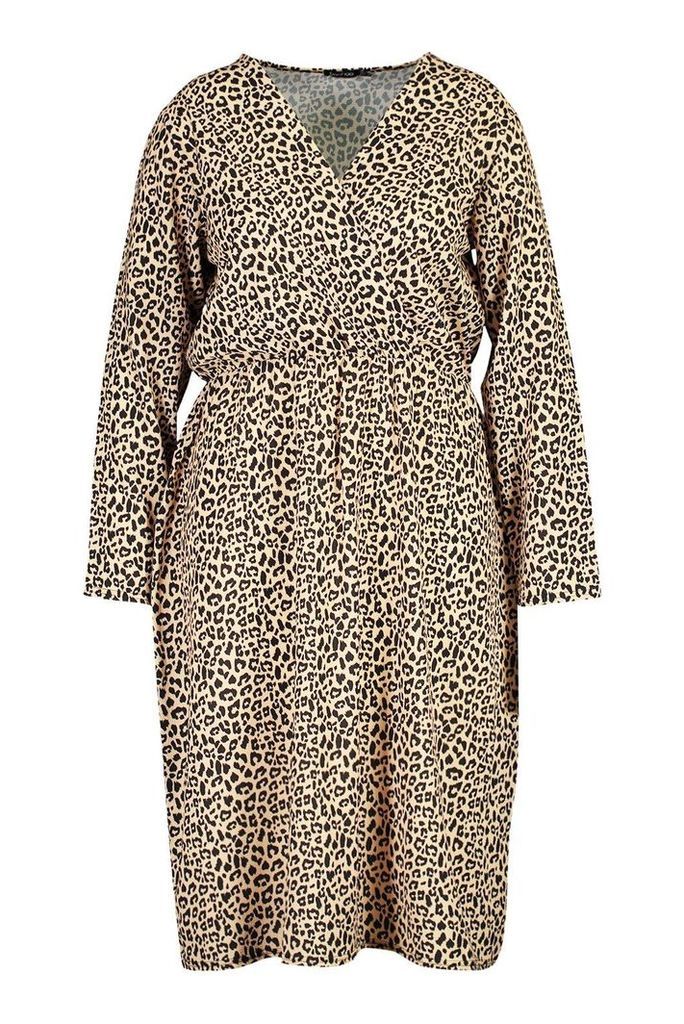 Womens Plus Leopard Print Wrap Midi Dress - brown - 20, Brown