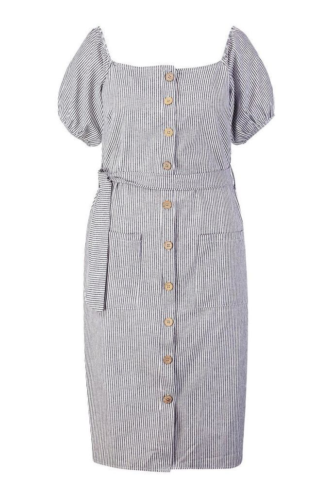 Womens Plus Button Front Stripe Linen Midi Dress - navy - 20, Navy