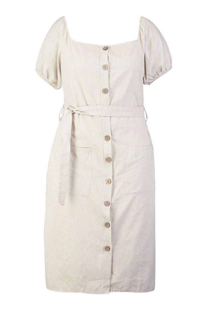 Womens Plus Button Front Stripe Linen Midi Dress - beige - 22, Beige