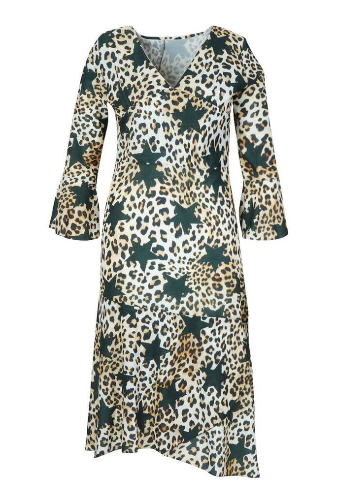 Womens Plus Satin Star Leopard Ruffle Hem Maxi Dress - black - 22, Black