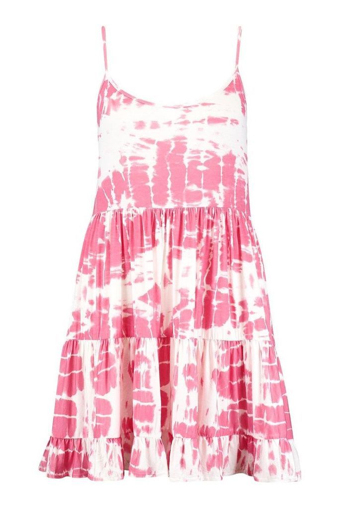 Womens Plus Tie Dye Strappy Smock Dress - Pink - 16, Pink
