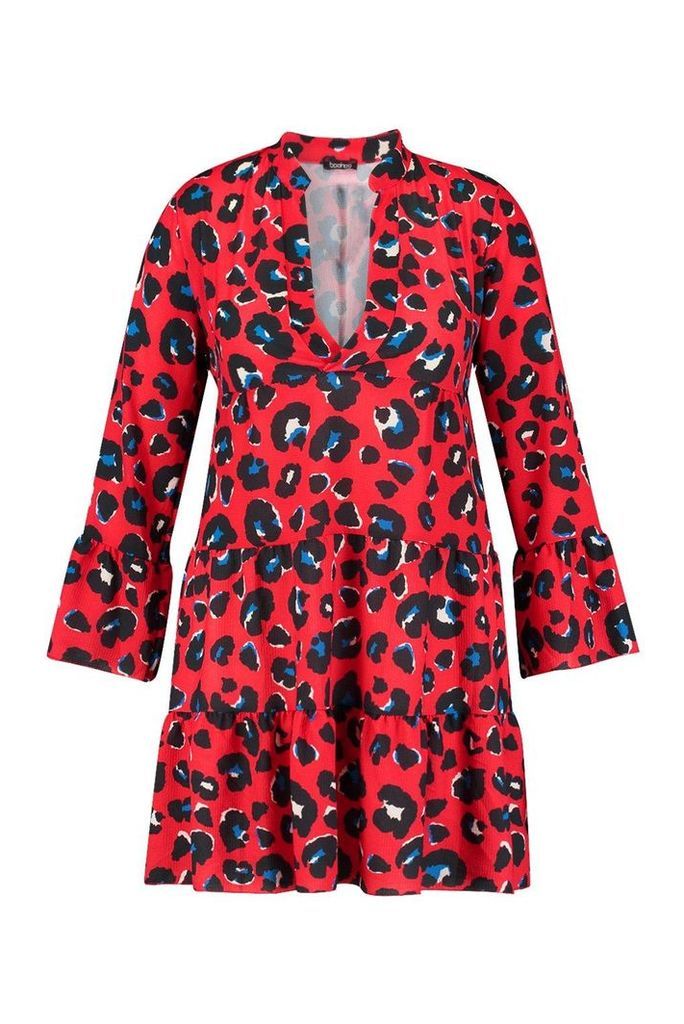 Womens Plus Leopard Smock Dress - red - 24, Red
