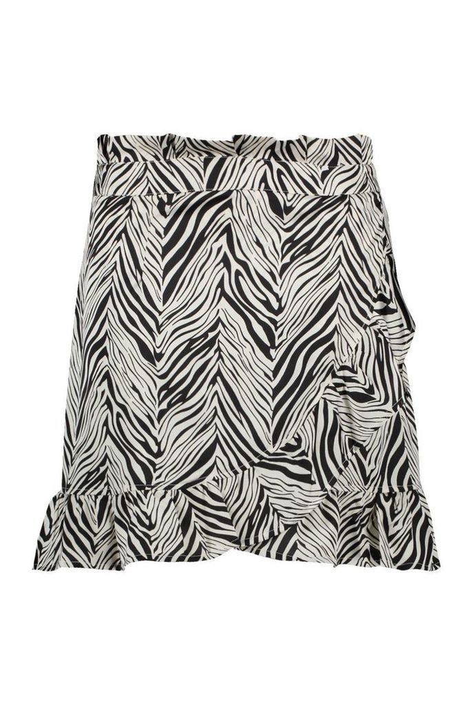 Womens Plus Satin Zebra Print Ruffle Wrap Skirt - black - 24, Black