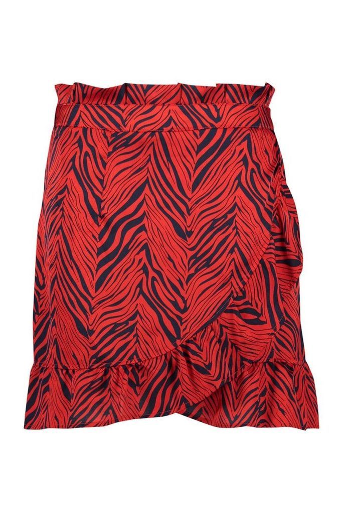 Womens Plus Satin Zebra Print Ruffle Wrap Skirt - red - 22, Red