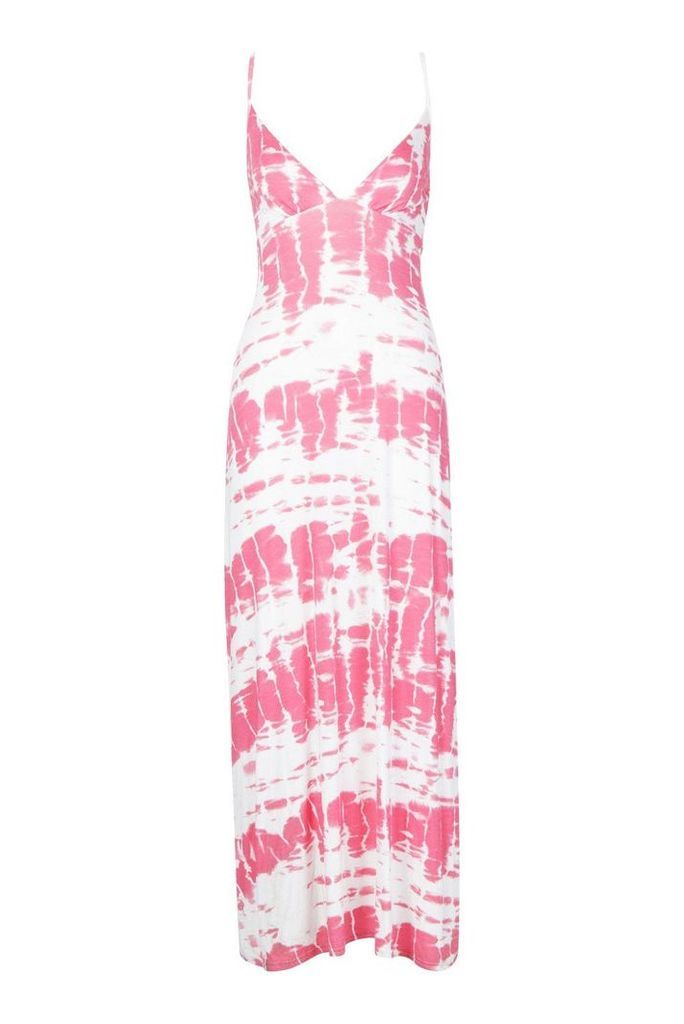 Womens Petite Strappy Tie Dye Maxi Dress - Pink - 6, Pink