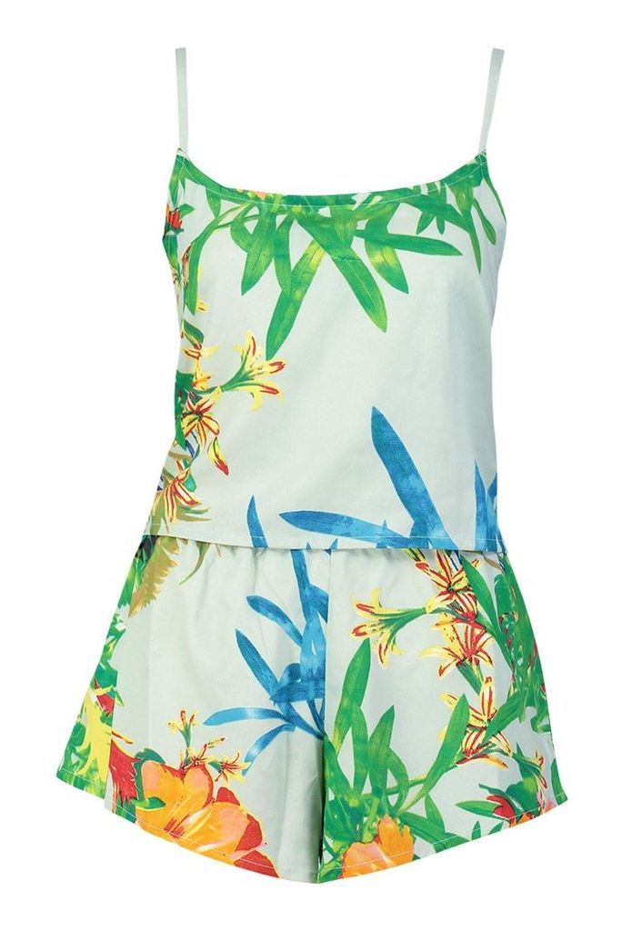 Womens Tropical Print Cami & Short Pyjamas - green - 12, Green