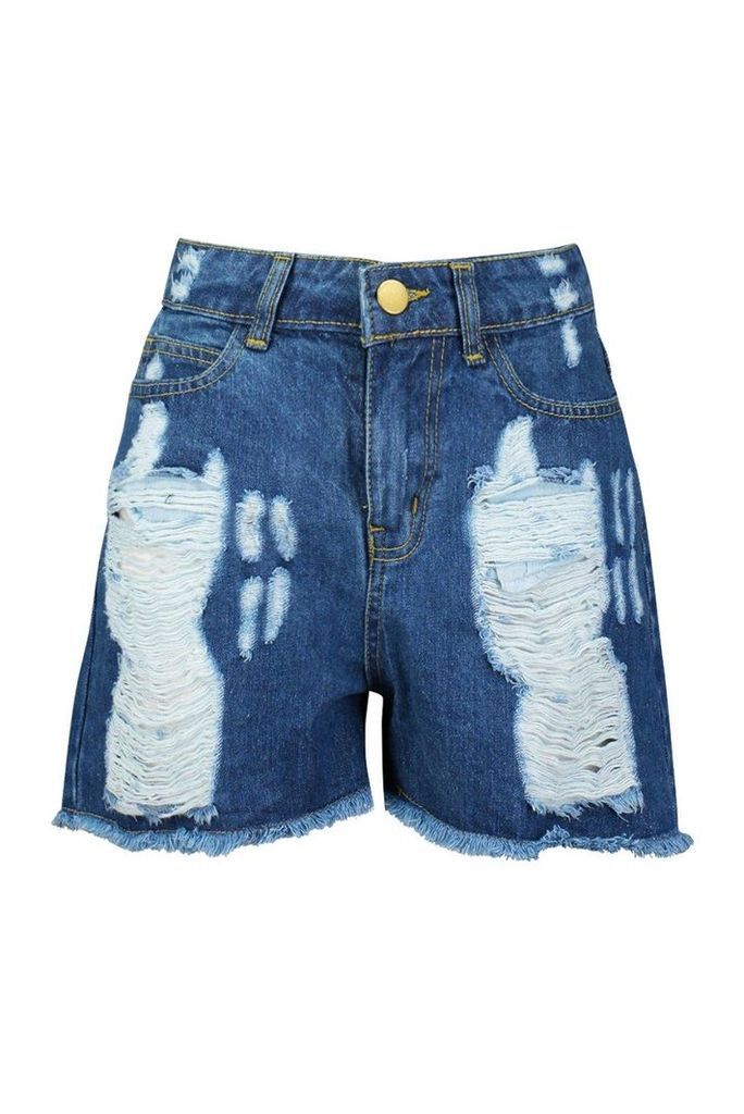 Womens Petite Distressed Heavily Ripped Shorts - blue - 10, Blue