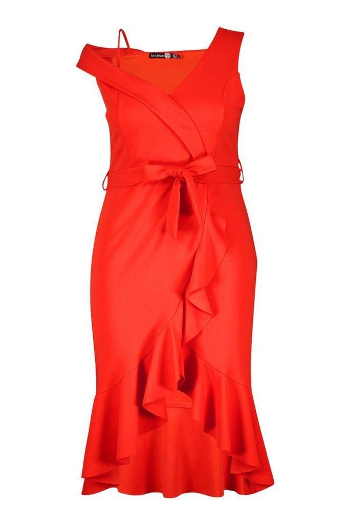 Womens Plus Asymmetric Belted Ruffle Hem Midi Dress - Orange - 28, Orange