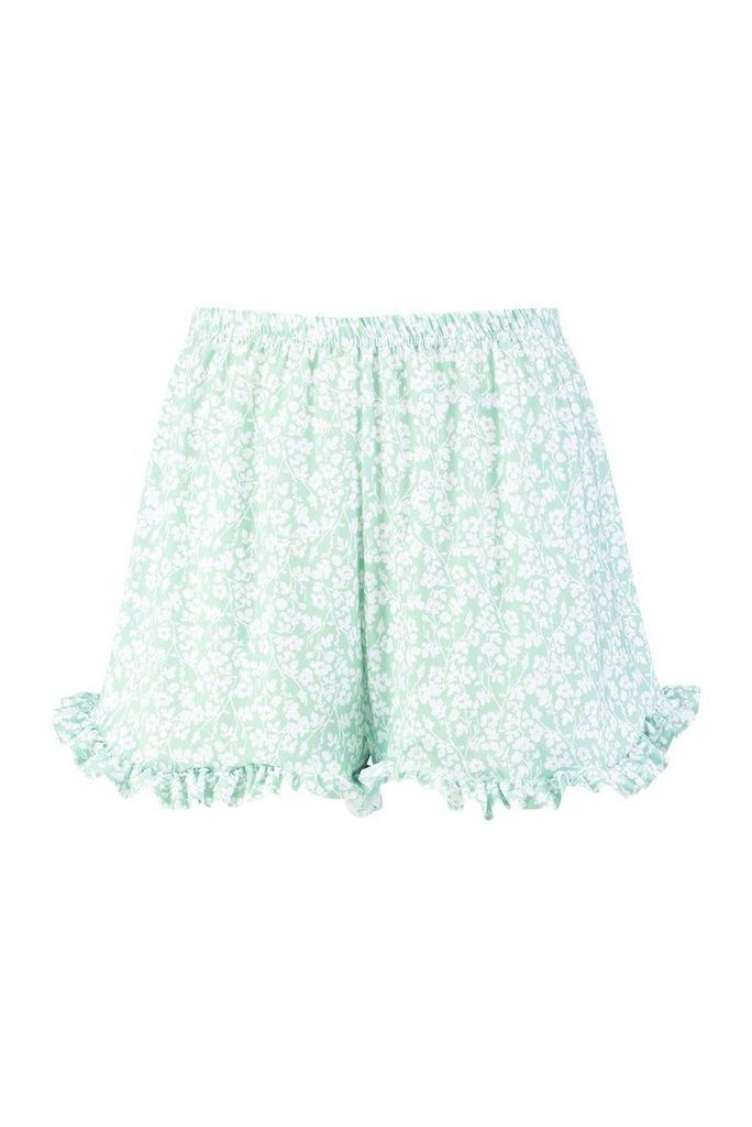 Womens Plus Floral Print Ruffle Hem Flippy Shorts - green - 16, Green