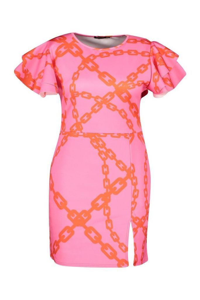 Womens Plus Chain Print Angel Sleeve Bodycon Dress - Pink - 28, Pink