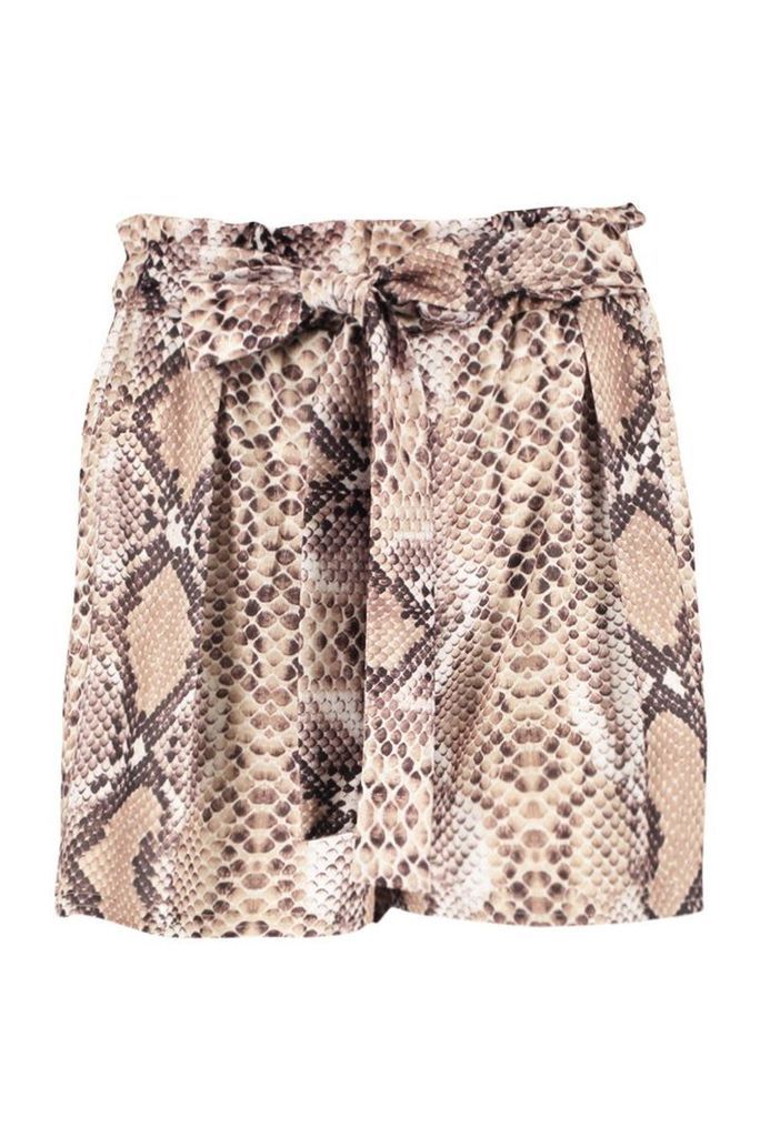 Womens Petite Snake Print Belted Shorts - beige - 12, Beige
