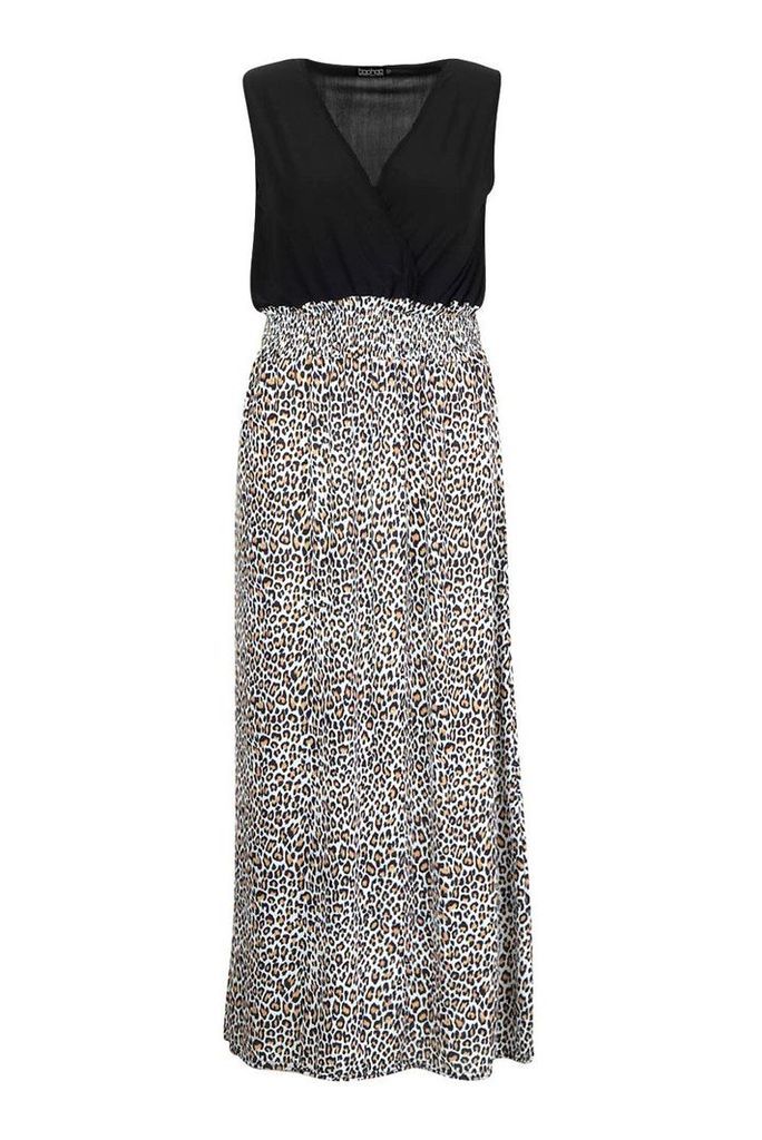 Womens Plus Leopard Plunge Slinky Maxi Dress - black - 26, Black