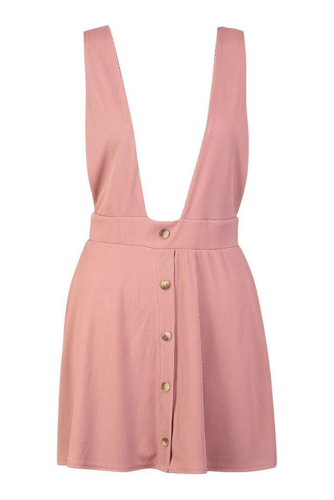 Womens Petite Ribbed Button Through Pinafore Dress - pink - 10, Pink