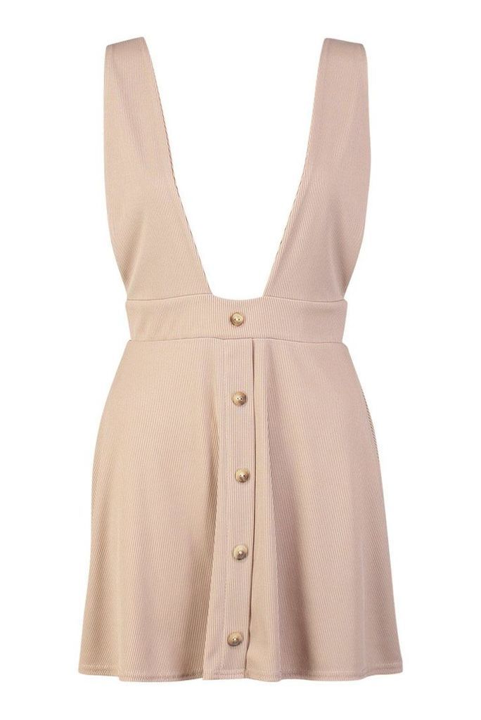 Womens Petite Ribbed Button Through Pinafore Dress - beige - 6, Beige