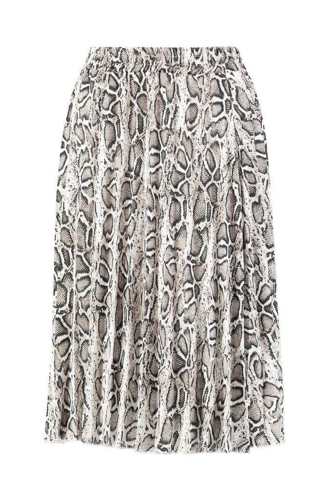 Womens Petite Snake Print Pleated Midi Skirt - beige - 4, Beige