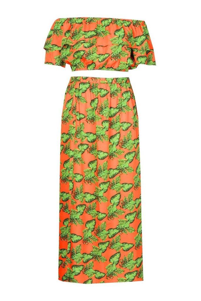 Womens Plus Bright Tropical Print Bardot And Maxi Skirt Co-ord - orange - 18, Orange