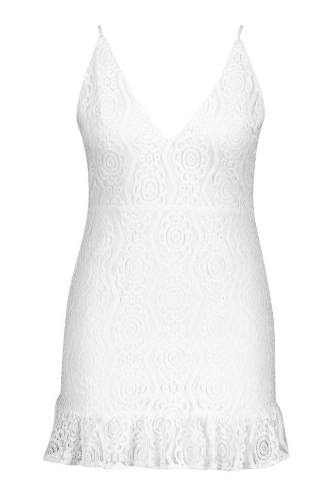 Womens Plus Lace Plunge Ruffle Hem Mini Dress - white - 20, White