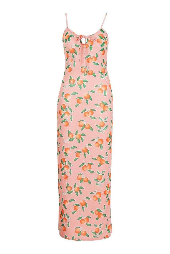 Womens Petite Fruit Print Tie Detail Maxi Dress - Pink - 8, Pink