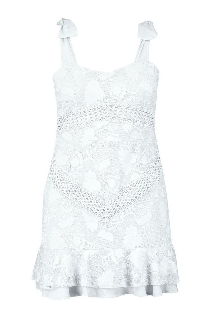 Womens Plus Lace Embroidered Tie Shoulder Ruffle Dress - white - 20, White
