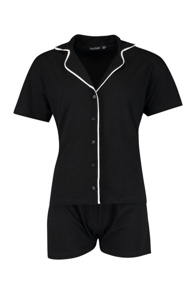 Womens Short Sleeve Button Through PJ Set - black - 10, Black