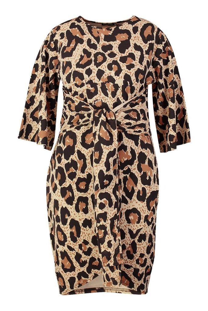 Womens Plus Leopard Kimono Wrap Over Midi Dress - brown - 28, Brown