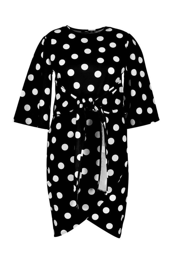 Womens Plus Polka Dot Kimono Sleeve Tie Waist Wrap Dress - black - 22, Black